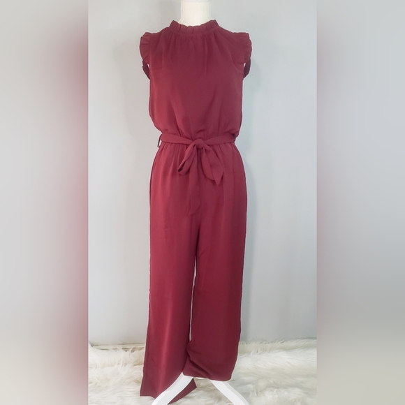 Kirundo Burgundy Sleeveless Ruffle Mock Neck Wide Leg Jumpsuit - Picture 3 of 10